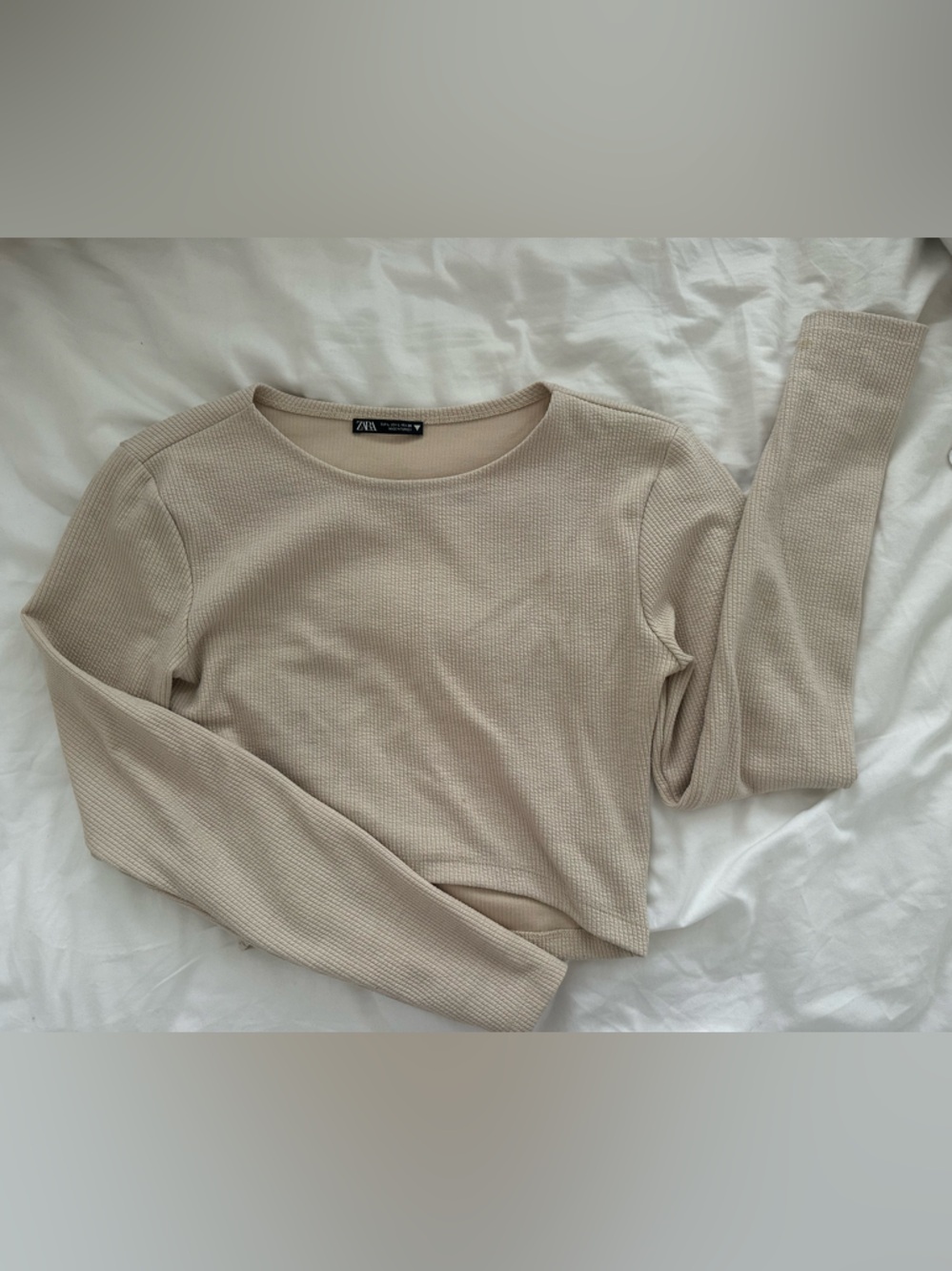 Zara Beige Ribbed Crewneck Long Sleeve Top